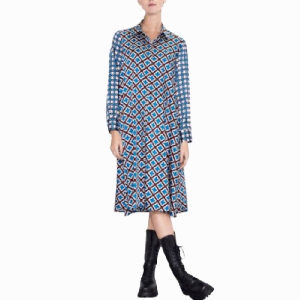 Zara Midi Shirtdress Med Duster Oversized Geometric Silky Flowy